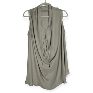 Hunter Bell Sleeveless Button Cowl Neck Blouse Drawstring Gray Drapey Top